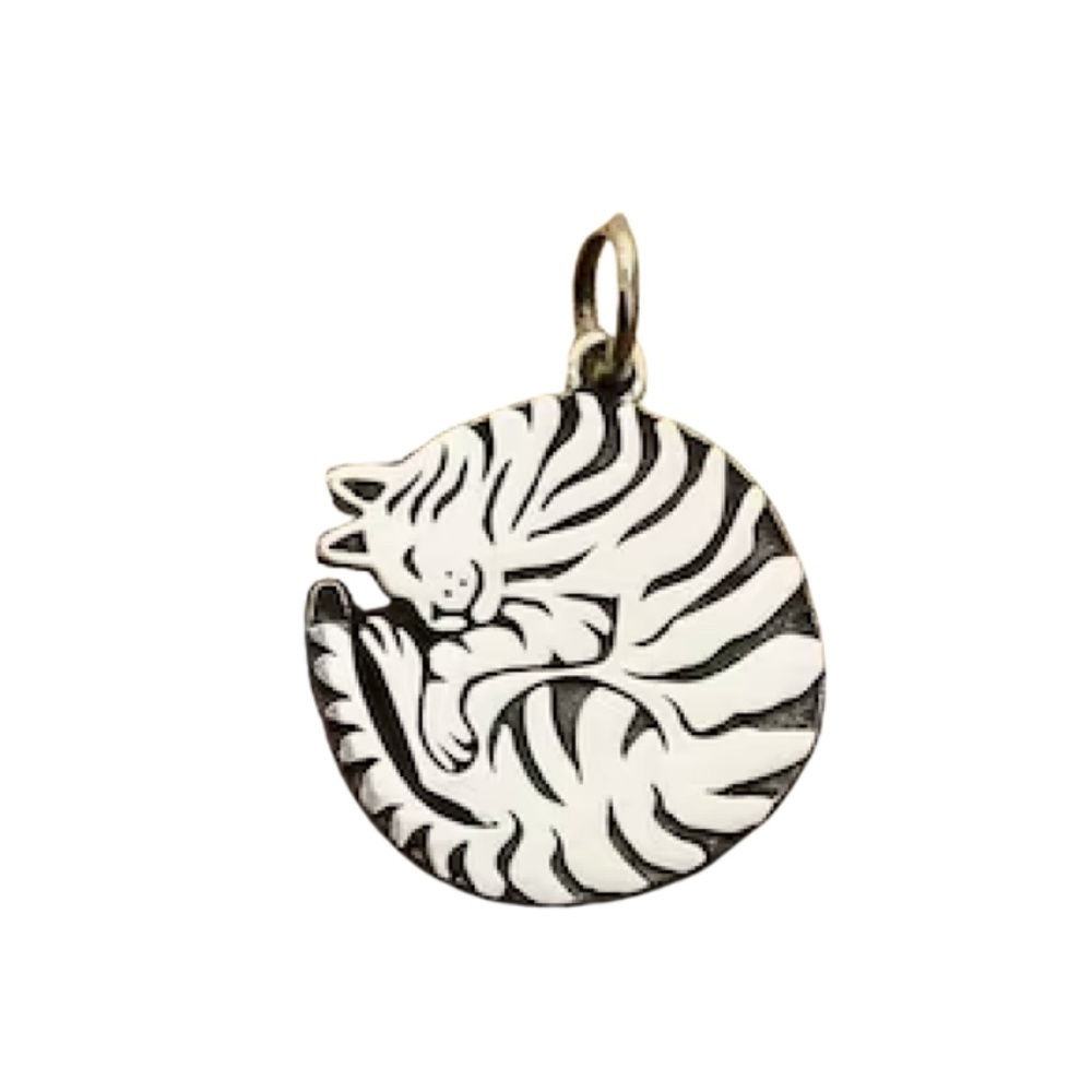 Sterling Silver Sleeping Cat Charm – Cozy 17mm Round Tabby Pendant